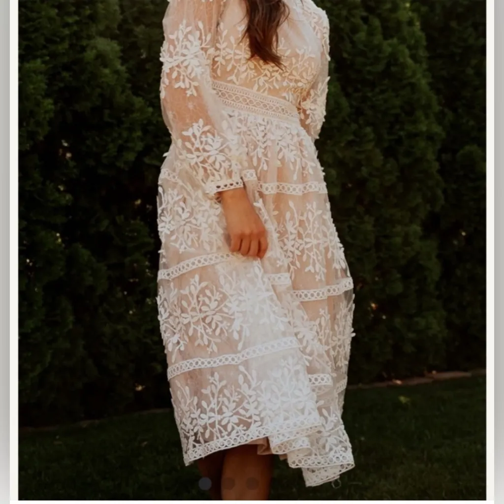 Ivy City Co Sicily Dress with Champagne Lining. Lace Floral Midi Dress Cream 4 White - Image 4