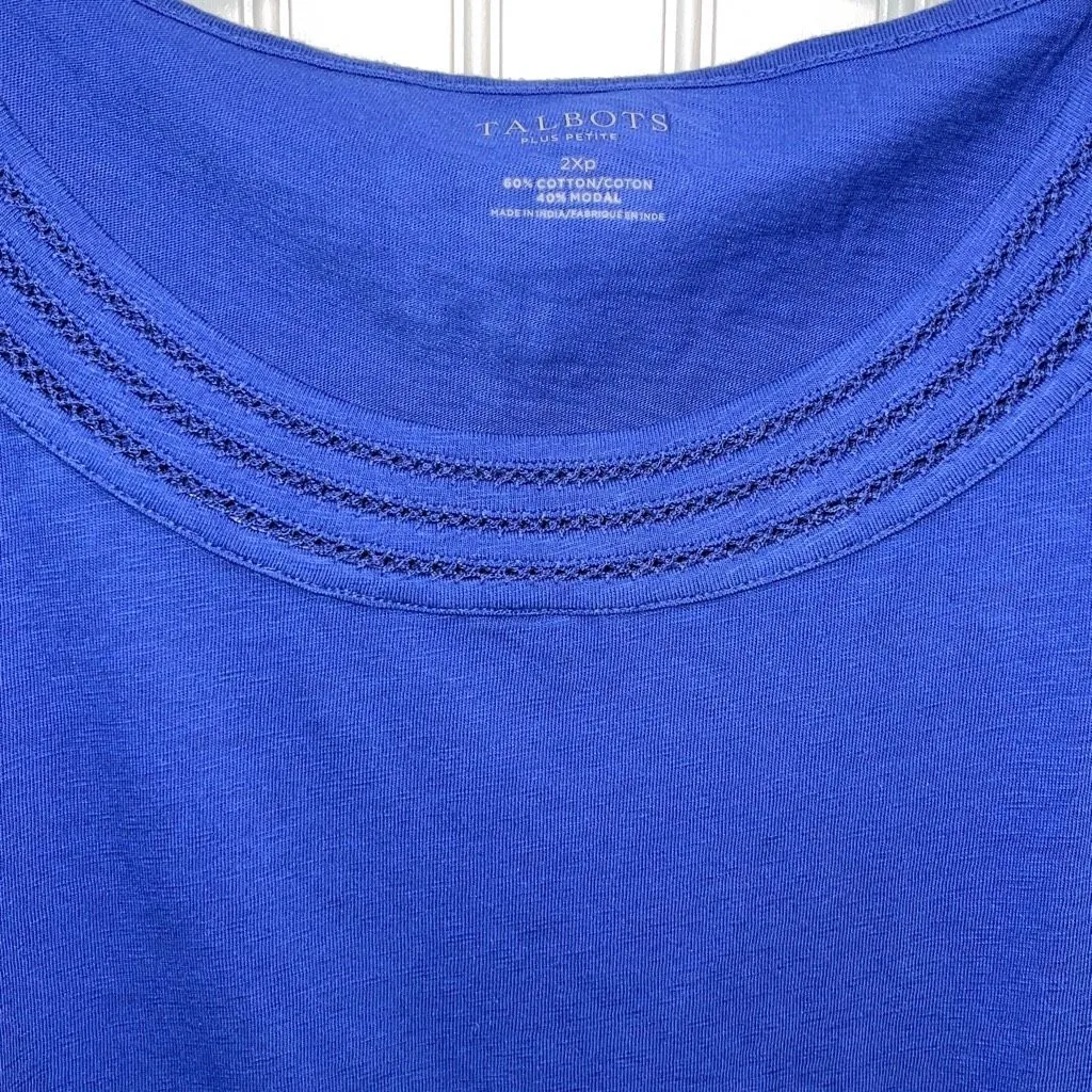 Talbots Short Sleeve Round Neck‎ LATTICE-TRIM TEE Royal Blue NWT 2XP - Image 3