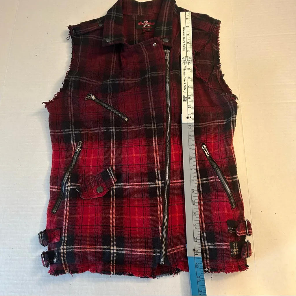 Women Royal Bones Flannel Red/Black Plaid Moto Biker Daang Goodman Vest size XL - Image 5