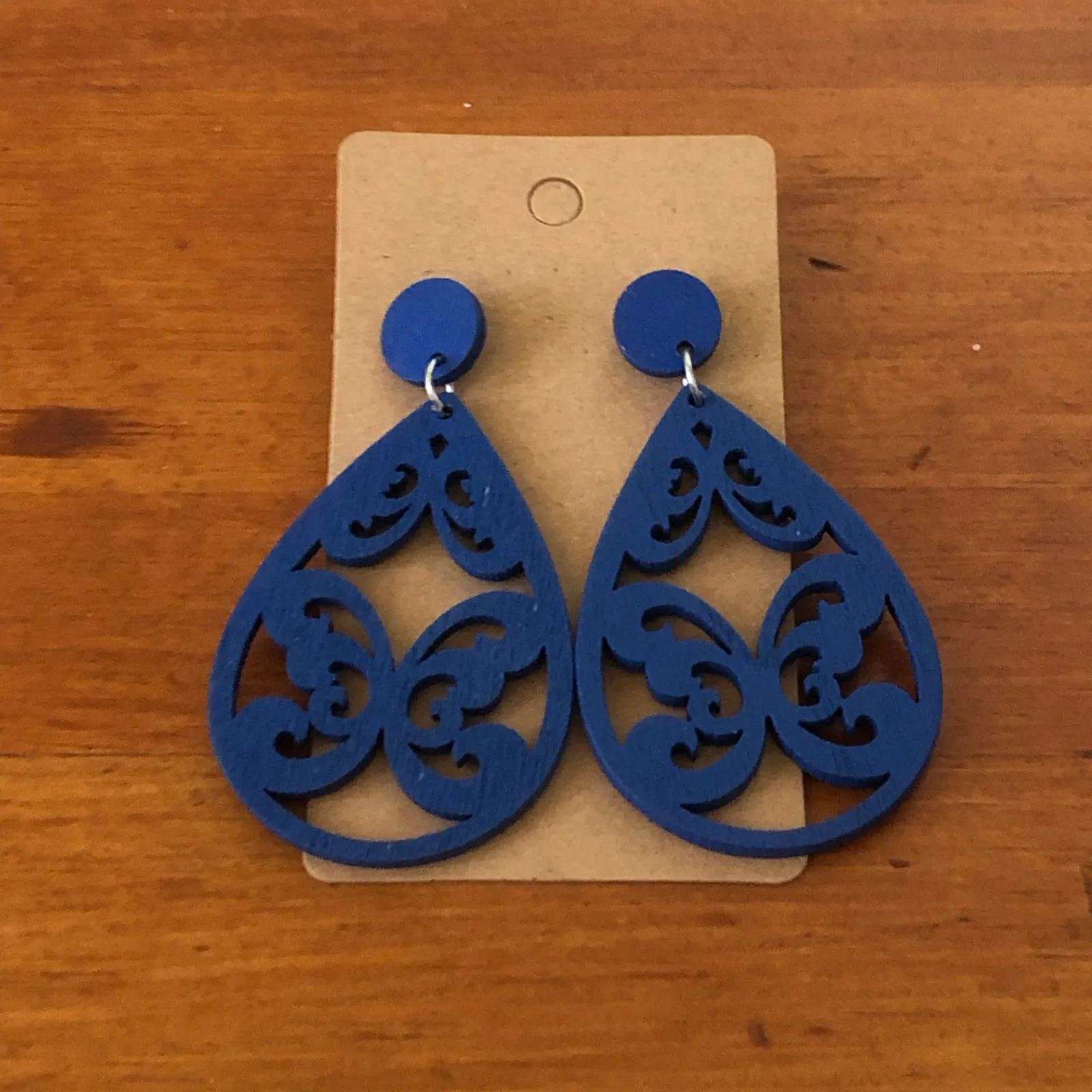Bohemian Lightweight Wooden Filigree Laser Cut Tear Drop Dark Blue Earrings - Image 3
