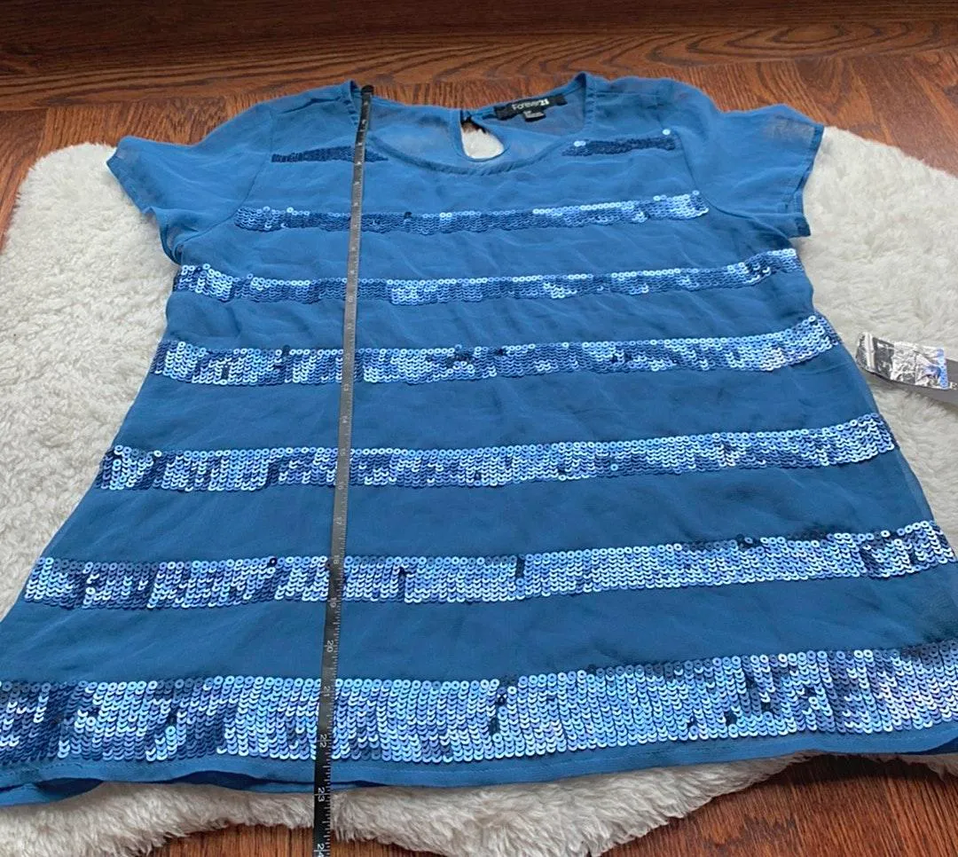 Stripped Blue Sequin Chiffon Short Sleeve Top - Image 8