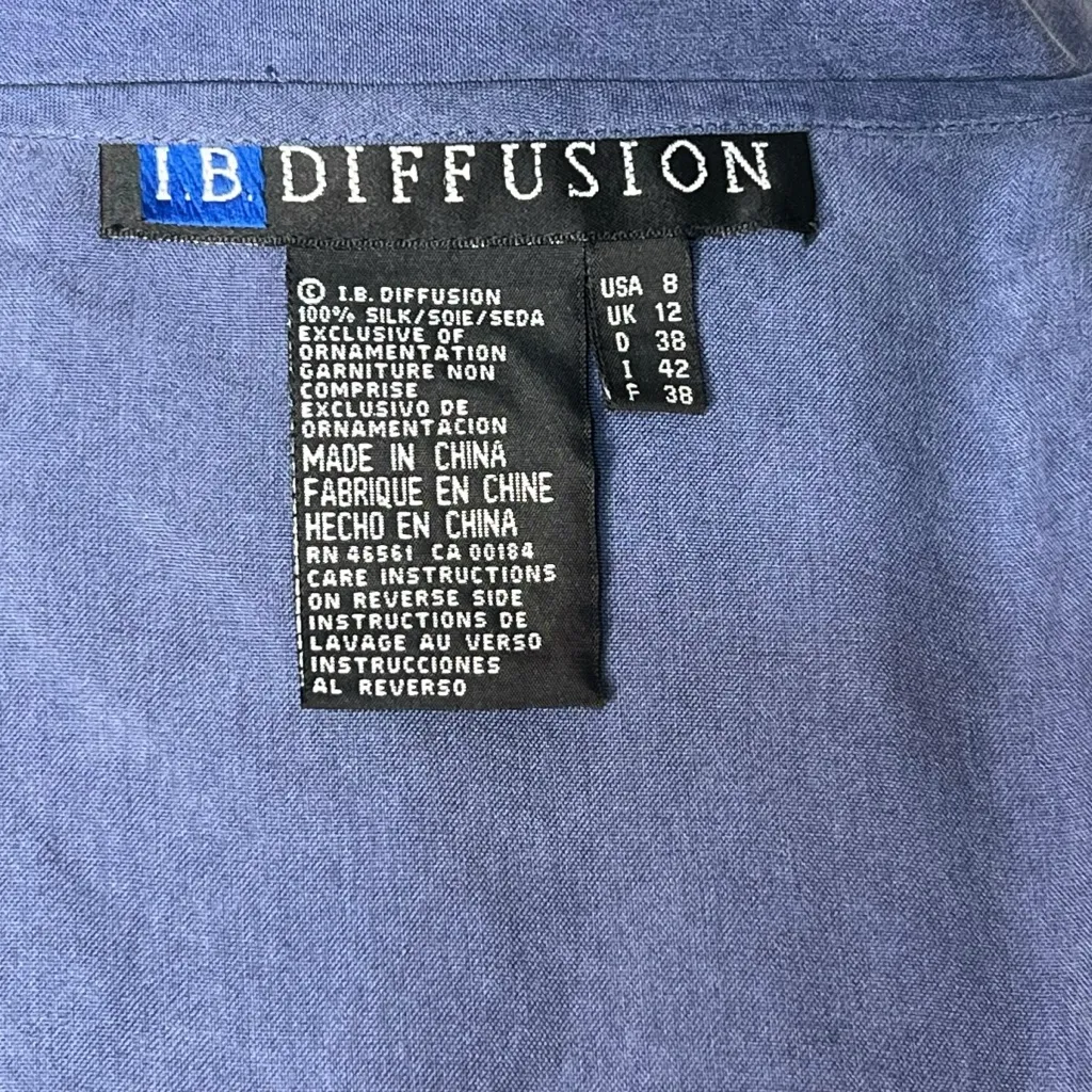 I. B. Diffusion 100% Silk Blue Button Up Aztec Beaded Women’s Blouse Size 8 - Image 8