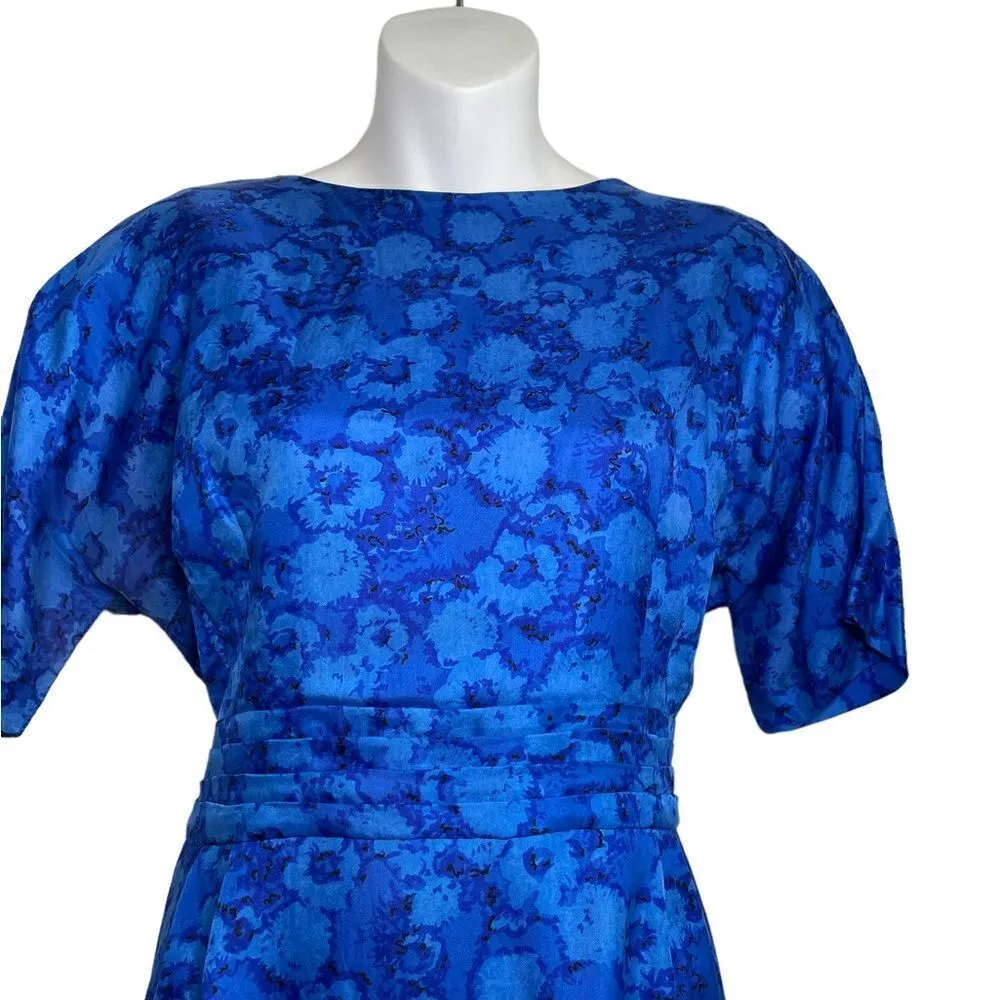 Vintage 1960s Floral Bateau Cocktail Dress Sapphire Blue Medium - Image 3