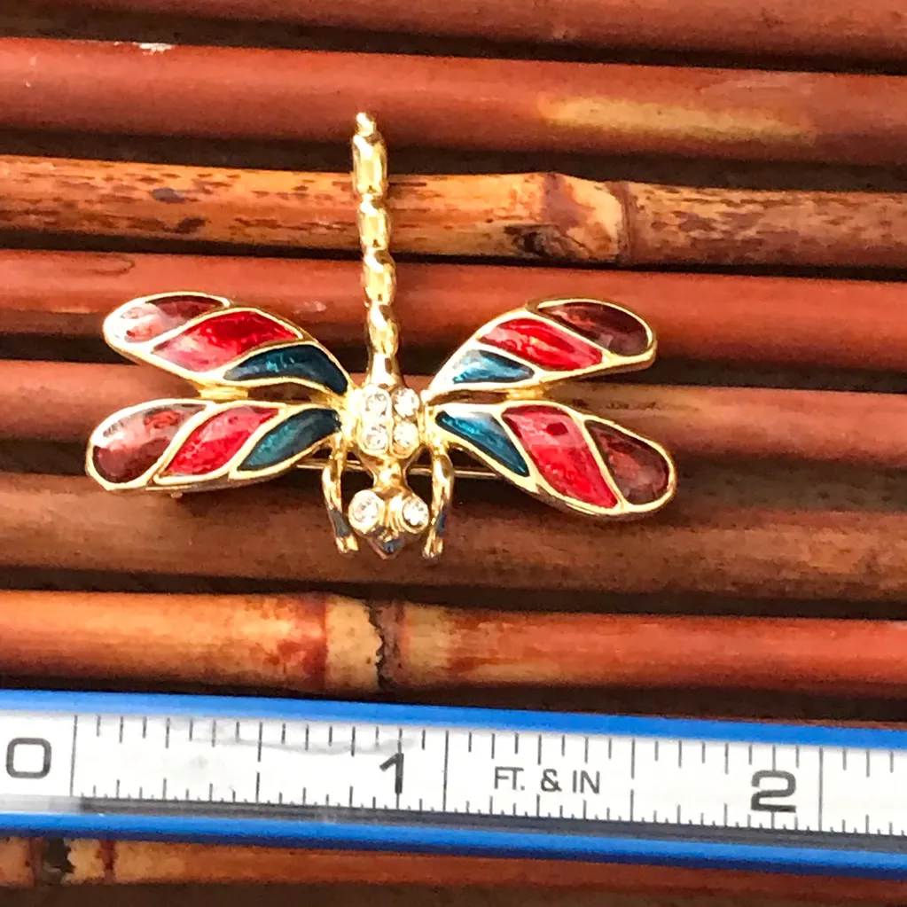 Dragonfly Enameled Gold Tone Pin Brooch Red - Image 6