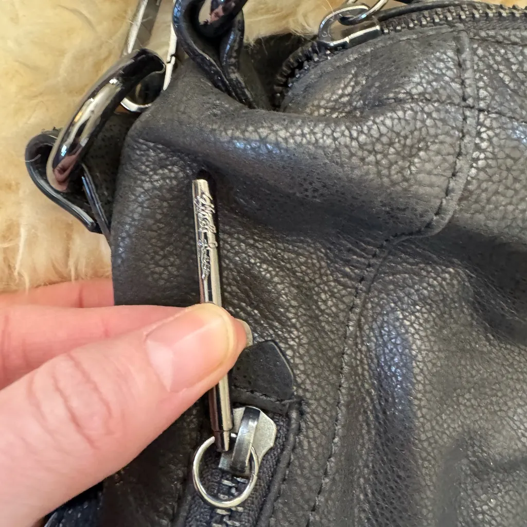 Elliott Lucca Black Caviar Pebbled Leather Shoulder Bag Hobo Bag zip top - Image 3