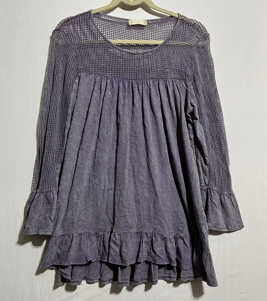 Altar'd State‎ Blouse Top Women's Small Purple Netting 100% Cotton Ruffle Sleeve - Image 1