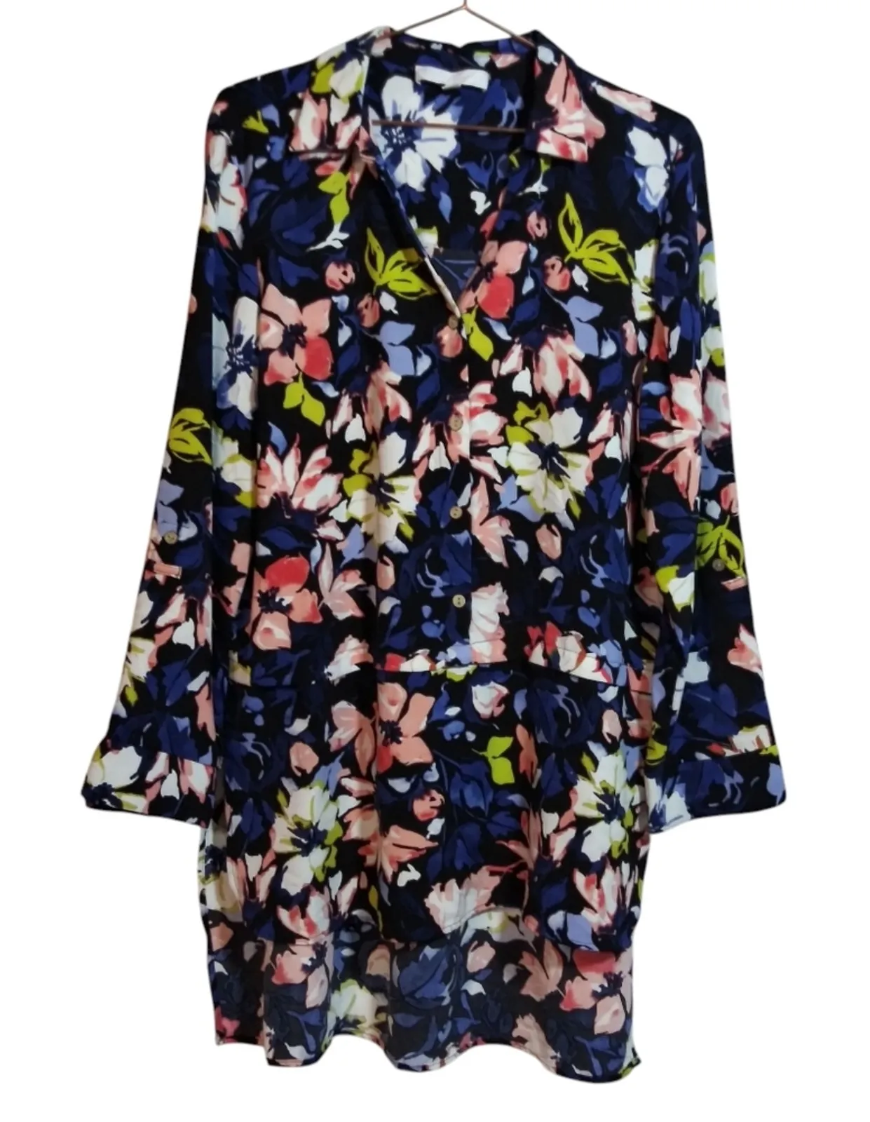 Adyson Parker Blue Floral Long Sleeve Tunic Top High Low Roll Tab Size L - Image 1