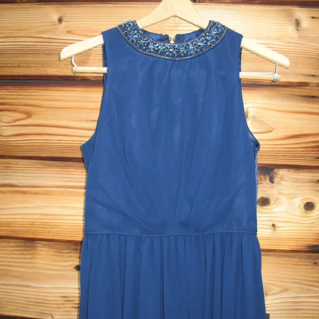 NWT Mac Duggal 55147 Navy Bejeweled Neckline Pleated Chiffon Gown MISMARKED SIZE - Image 8