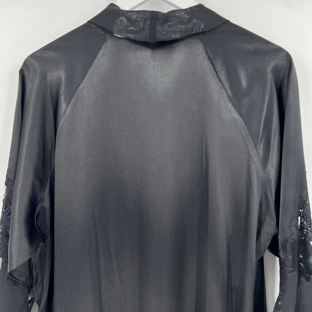 Oscar De La Renta Pink‎ Label Lingerie Black Satin Robe Lace Sleeves Size Large - Image 7