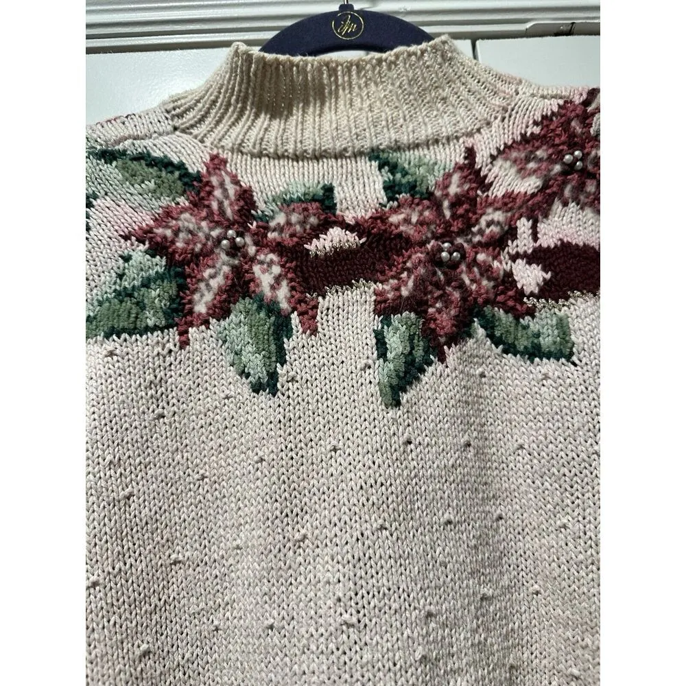 Vntg Talbots Christmas Holly Poinsettia Sweater Womens XL Bow Ivory Knit By Hand - Image 9