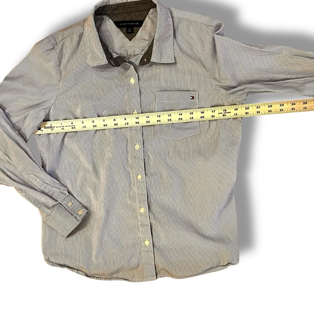 VTG Y2K Tommy Hilfiger Womens Shirt Sz M Flag Blue Pinstripe Long Sleeve Preppy - Image 8