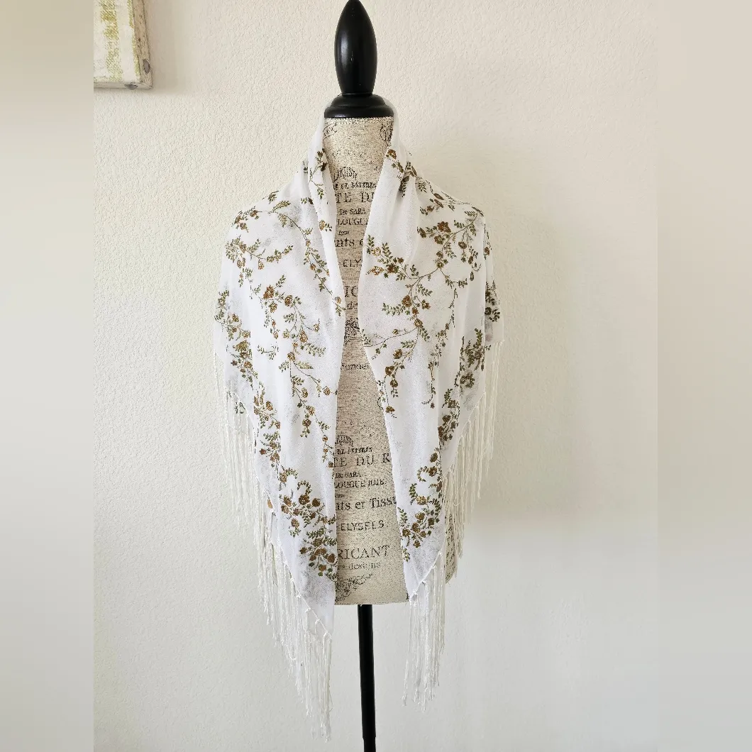 Jones New York White Sheer Painted Flowers Long Tassels Wrap Scarf New With Tags - Image 2
