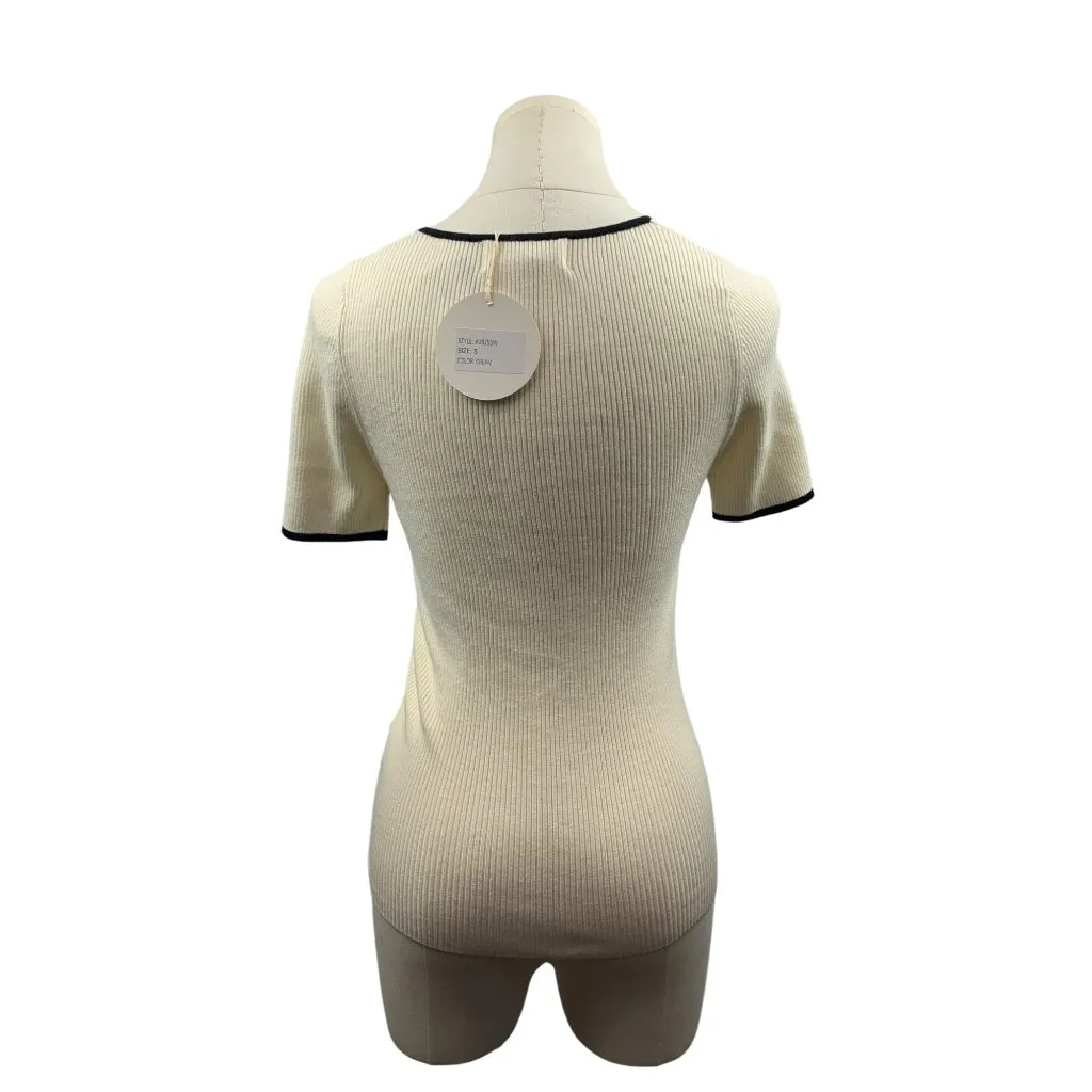 Luxe Ribbed Short Sleeve Contrast Trim Fitted Knit Top In Cream & Black - Image 3