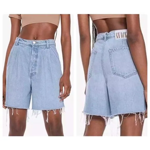 Mother SNACKS Fun Dip Double Pleated Short Fray Just A Nibble Denim Shorts Sz 27 Blue - Image 2