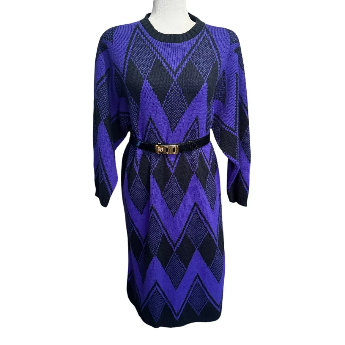 Vintage 1980s Limited Express Sweater Dress Purple Black Chevron Argyle Knit Size L - Image 2