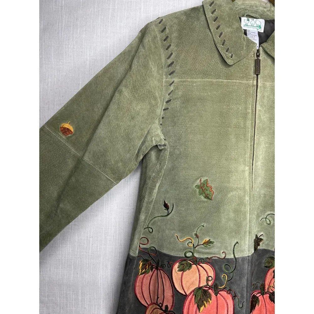 Quacker Factory  Womens Medium Sage Green Suede Leather Jacket Pumpkins Autumn - Image 10