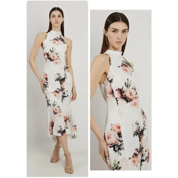 Karen Millen NWT Satin Crepe Peony Waterfall Hem High Neck Dress Size 8 - Image 2