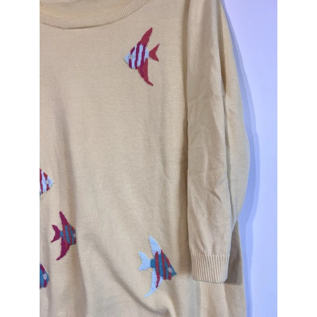 Talbots Women Yellow Embroidered‎ Angel Fish Sweater 1X 3/4 Sleeve 100% Cotton - Image 3