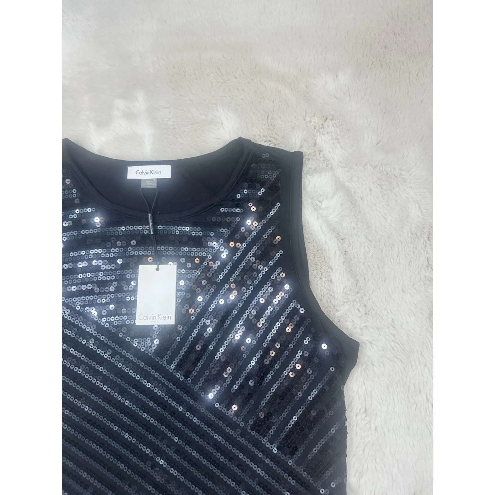 Calvin Klein Black Sleeveless Sequin Top, Crew Neck Size Large NWT - Image 3