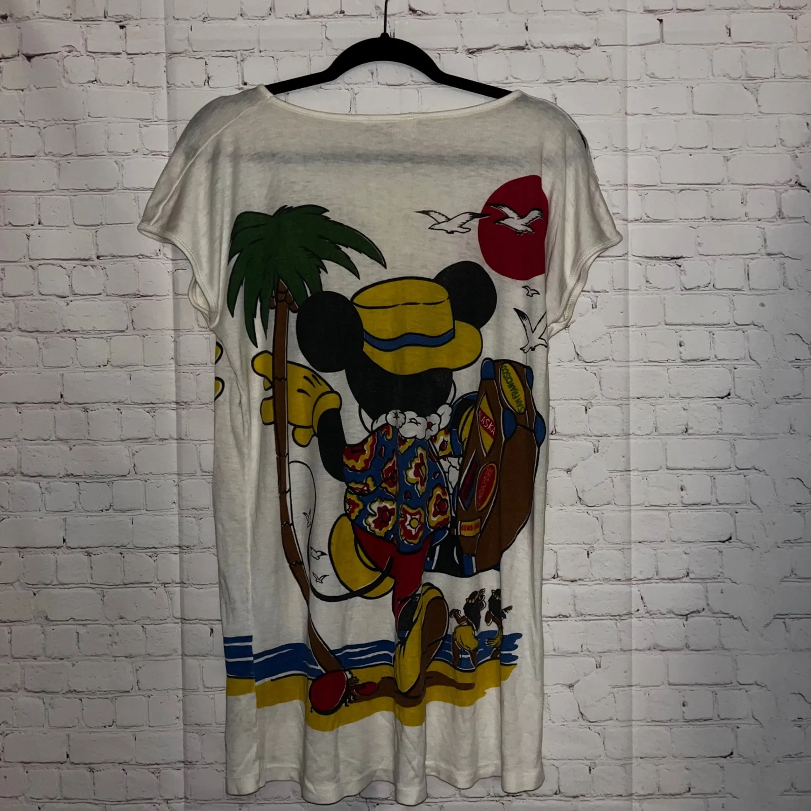 Vintage 70's 80's Disney Mickey Mouse Hawaiian Tropical Vacation T Shirt Size LG White - Image 2