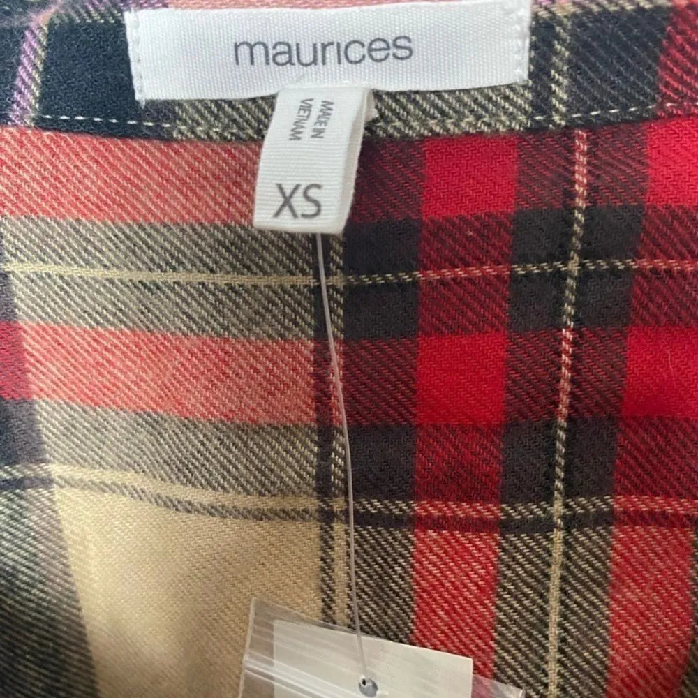 Maurices XS Plaid Flannel Button Down Shirt Tan Red NWT - Image 4