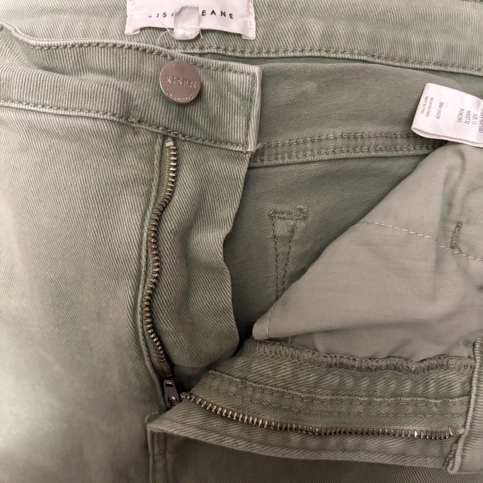 Risen Sage Green Straight Leg Jeans High Rise Raw Hem Earthy Size 15/32‎ - Image 6