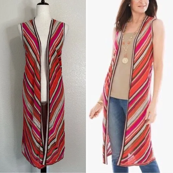Chico's Mitered Stripe Pattern Open Front Vest Cardigan, Sz Medium - Image 2