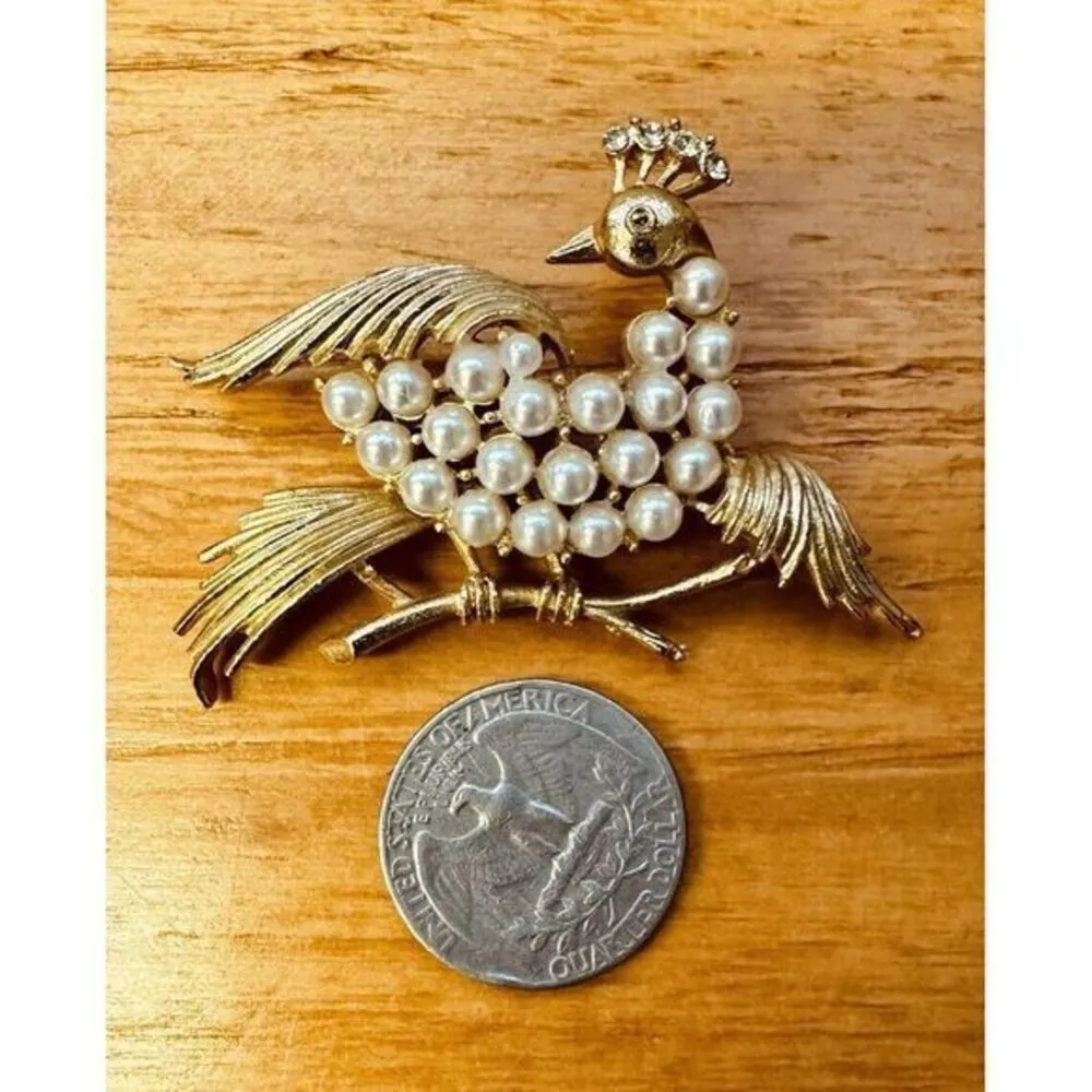 Peacock Lapel Pin Brooch Gold‎ Tone Costume Pearl Accents Fashion Jewelry Gold - Image 7