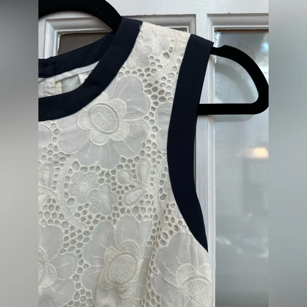 MILLY Carolina Lace Dress Silk Lining Ecru Navy Trim Floral Overlay Size 8 NWT - Image 5