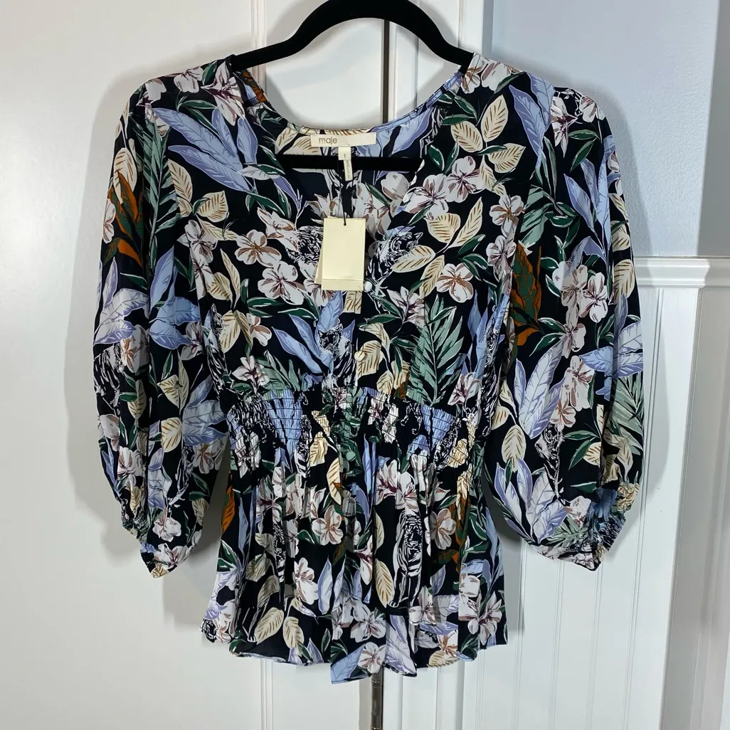 Maje Womens‎ Jungle Print Top Blouse Size 1 Small Smock Balloon Sleeve Peasant - Image 7