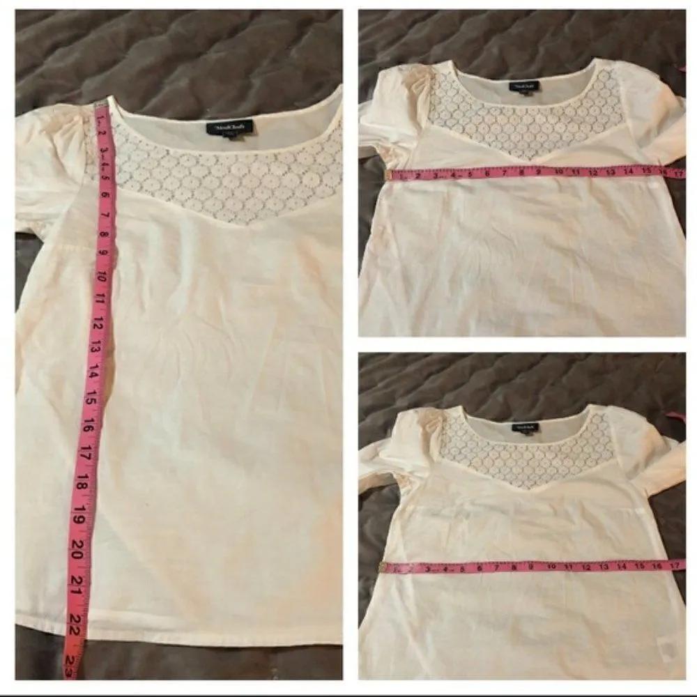 Modcloth White Cotton Short Sleeve Blouse Puff Sleeves Daisy Print Lace White XS - Image 9