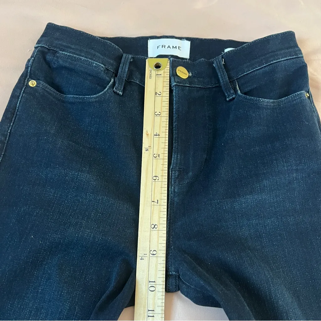 Frame Le High Straight Stretch Denim Dark Wash Denim High Rise Ripped Crop Jeans - Image 9