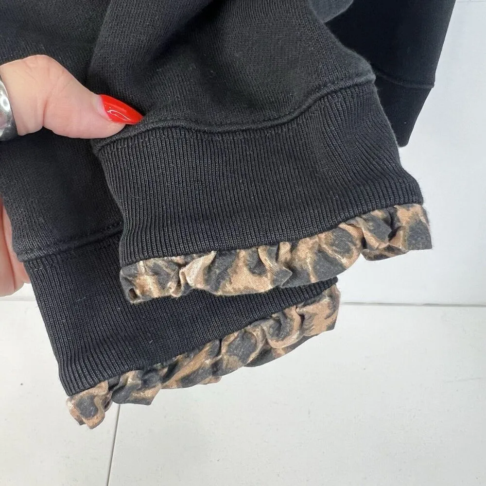 J.Crew Size L Sweatshirt Leopard Ruffleneck Pullover Woven Zip Black Factory Size L - Image 5
