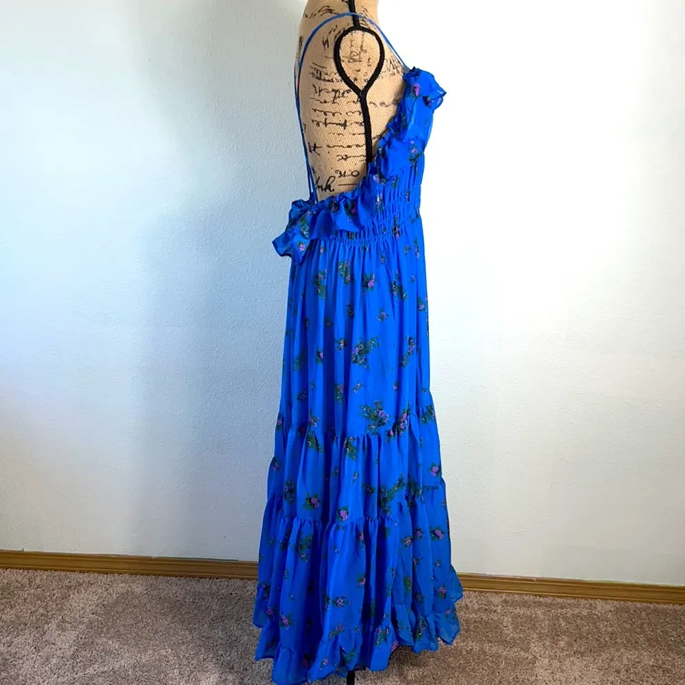 dress maxi floral blue open back ruffled accents size S NWT - Image 5