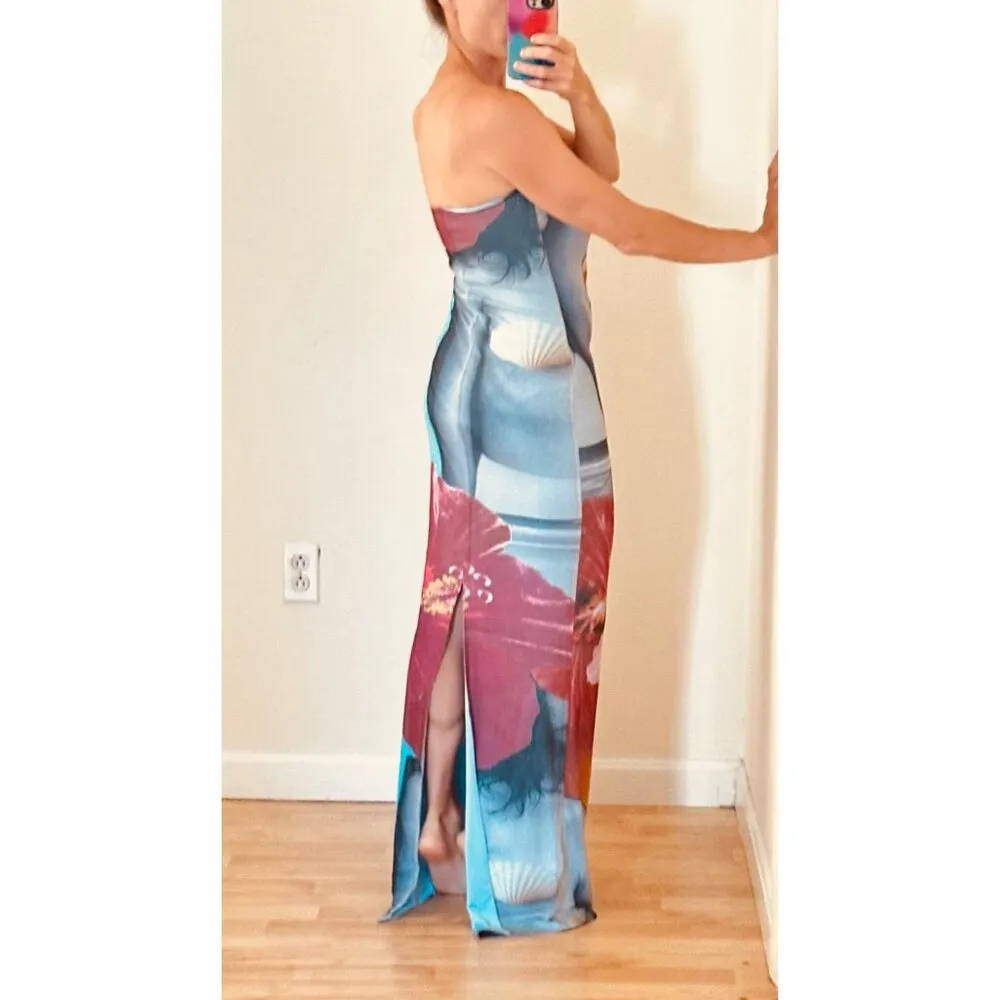 Tiger Mist Blue Floral Stretch Sleevless Graphic Bodycon Maxi Dress Sz Med - Image 6