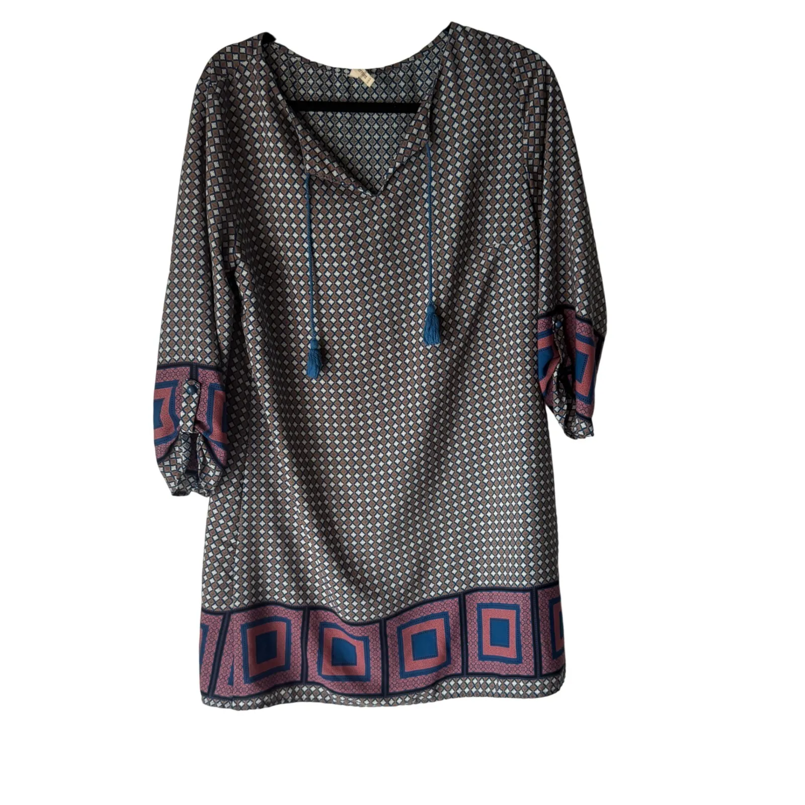 Peppermint USA Geometric Print V Neck Tassel Sleeve Dress Women Size L Boho - Image 2