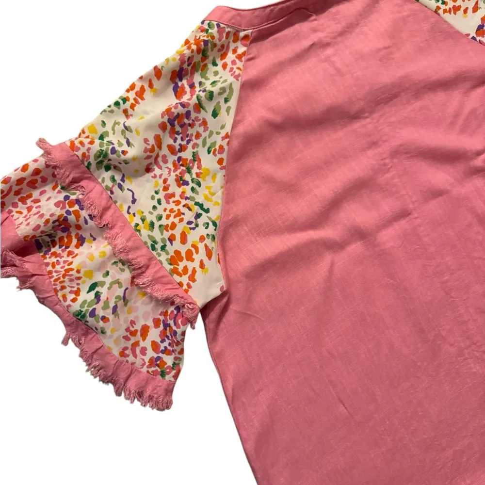 Umgee Blouse Womens 1XL Short Sleeve Pink Frayed Ruffled Cheetah Top Boho.   C42 - Image 8