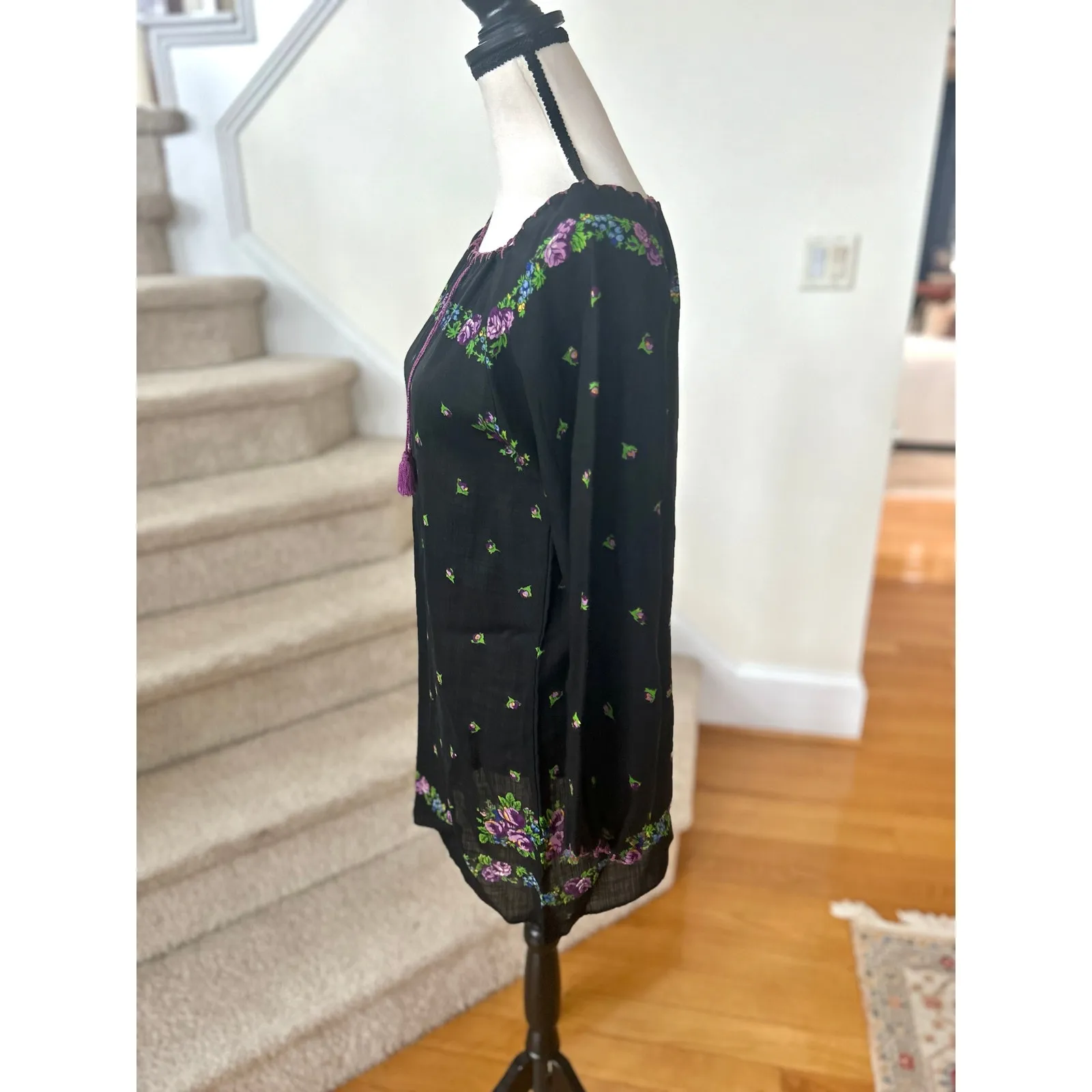 Vintage 60s 70s Lord & Taylor Black Blouson Purple Floral Mini Dress Cottage - Image 2