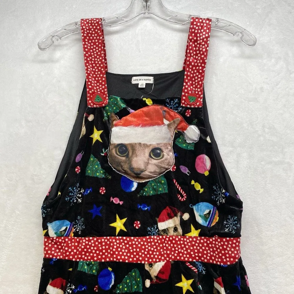 Love On A‎ Hanger Overalls Women's Medium Black Christmas Kitty Cat Velour - Image 2