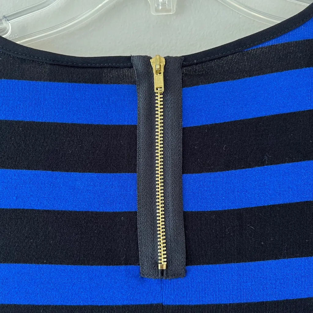 Gabby Skye Sz 8 Blue Black Stripe Elbow Sleeve Fit‎ Flare Stretch Midi Dress Zip - Image 4