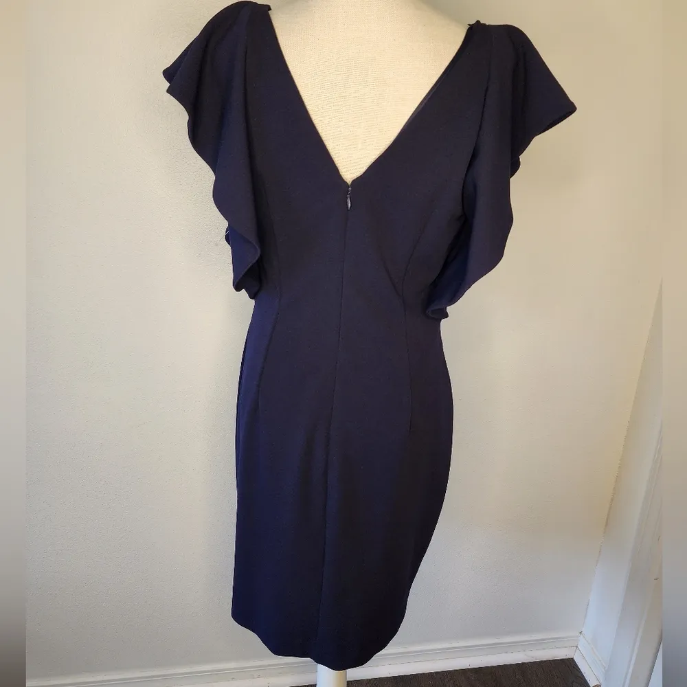 Badgley Mischka Cascade Scuba Ruffle Sleeve Sheath Dress Navy size 8 NWOT - Image 6