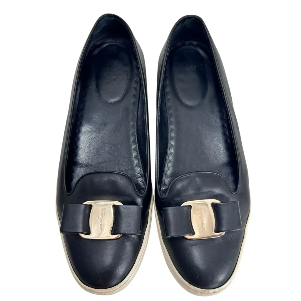 Salvatore Ferragamo Novello Nero Calf Black Leather Flats Sneaker Gold Bow 9.5 - Image 13