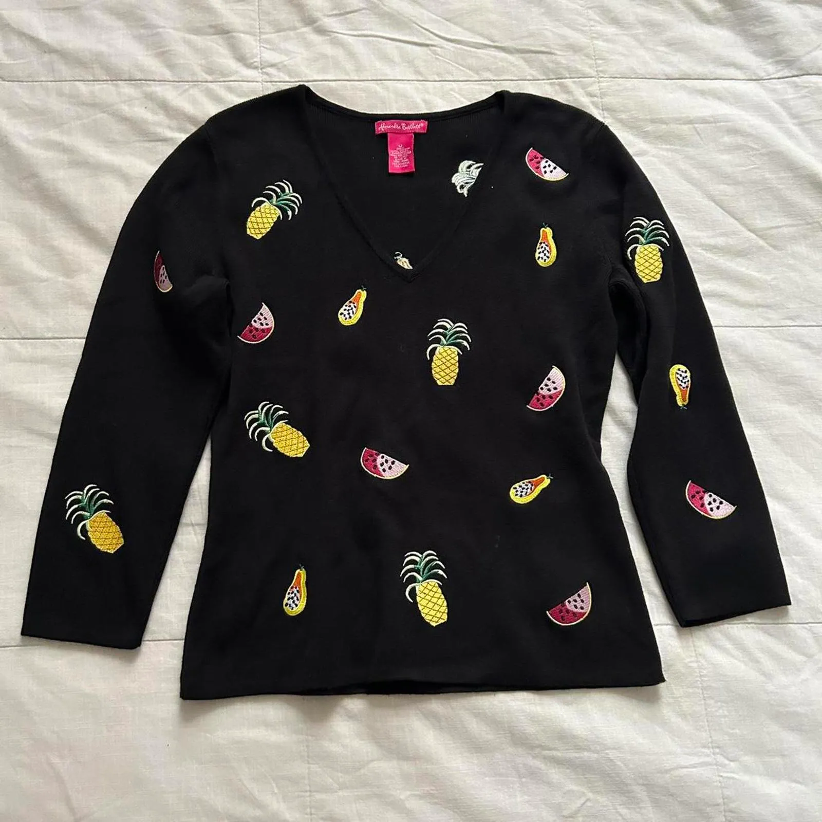 Alexandra Bartlett Black 3/4 sleeve sweater pineapple, watermelon, papaya Size M - Image 6