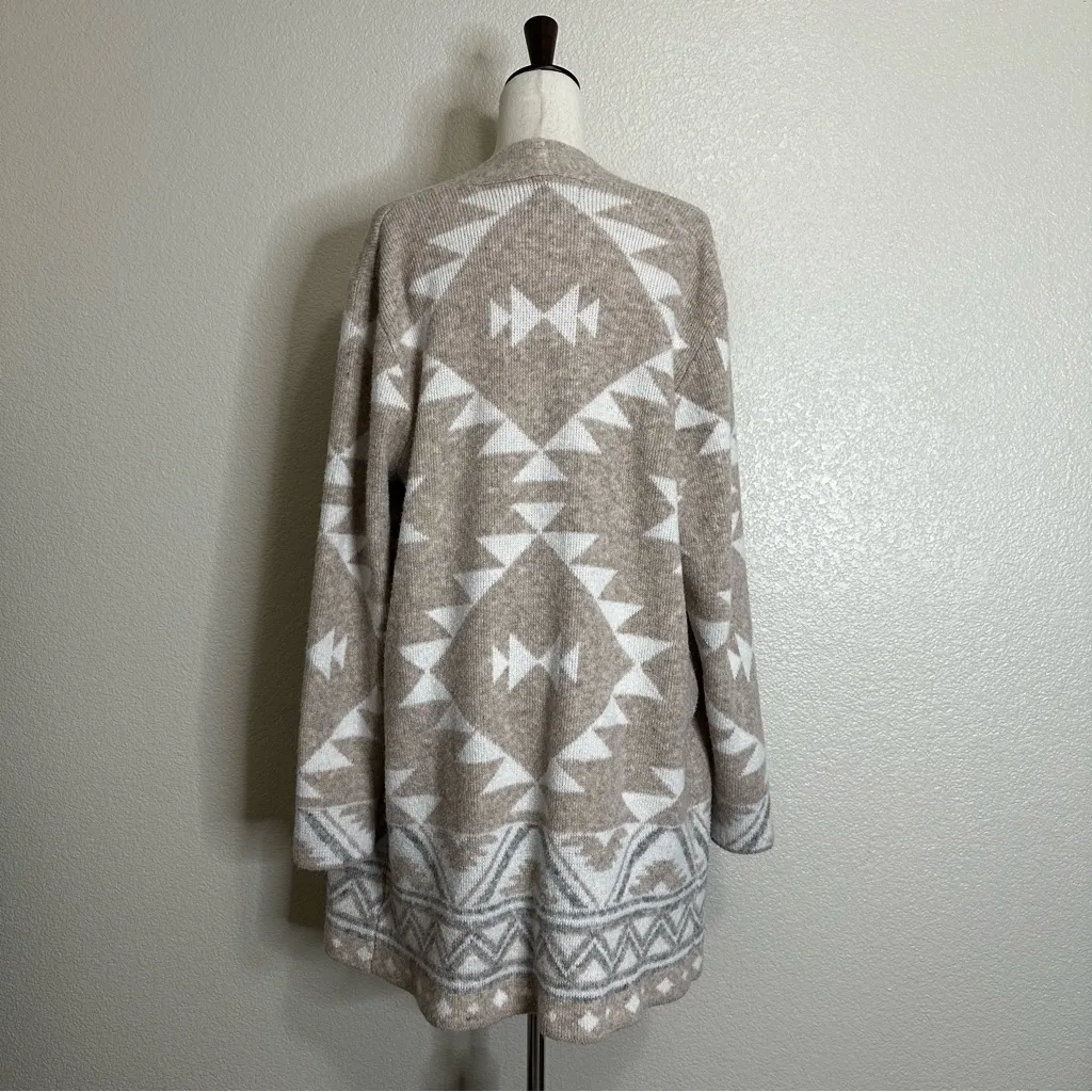Frye Beige Cream Geometric Pattern Open Front Long Sweater Cardigan, Size XL - Image 8
