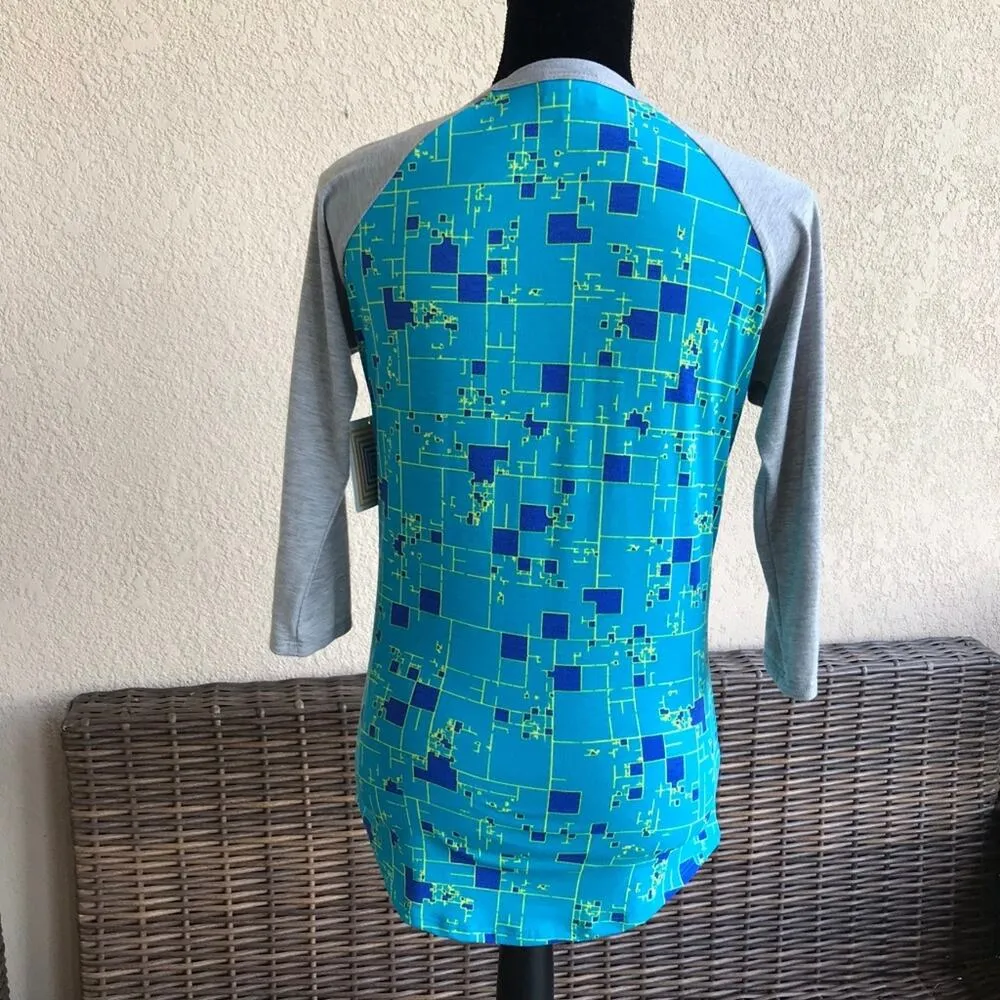 LuLaRoe Womens Top Size XS Randy Baseball Tee Blue Neon Yellow Digital Pixelated - Image 3