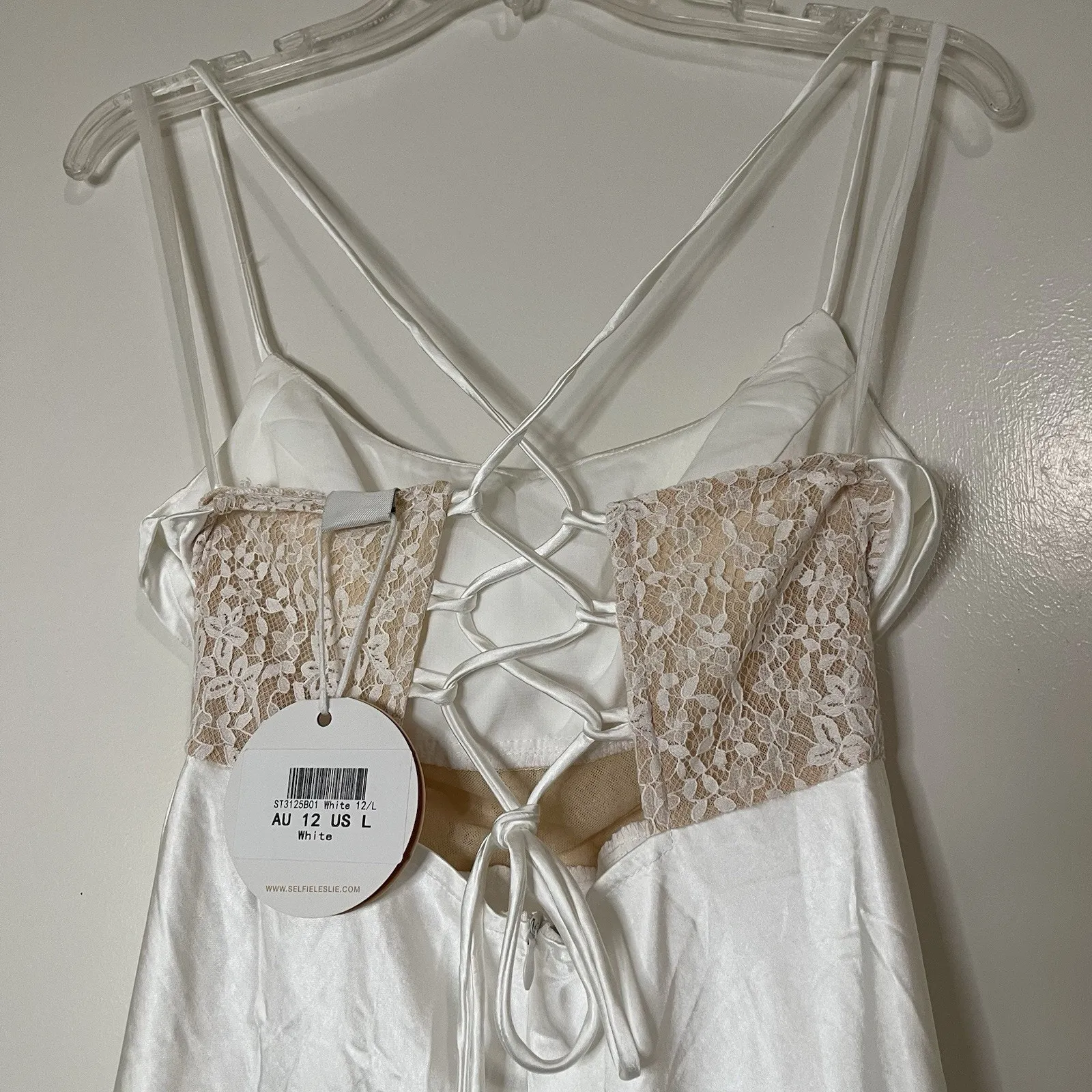 NEW! Selfie Leslie Golden Era Satin Lace Cowl Neck Midi White Dress L st3125b01 - Image 7