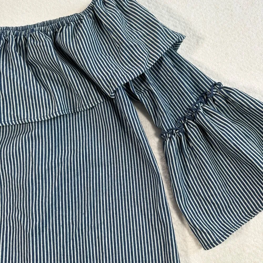 Flying Tomato Off Shoulder Tunic Women's Large Blue/White Chambray Ruffle Top - Image 4