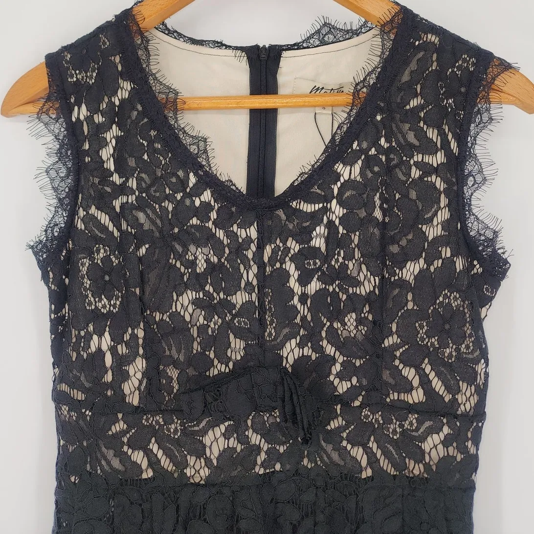 Metisu Black Lace Overlay Sheath Dress with Ruffle & Bow Women’s Size Small - Image 4