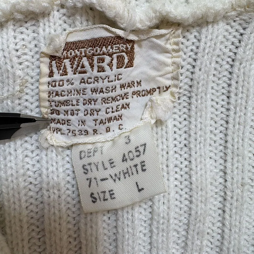 Vintage Montgomery Ward Cable Knit Hooded Cardigan Sweater Ivory w/ Wood Buttons Size L - Image 9