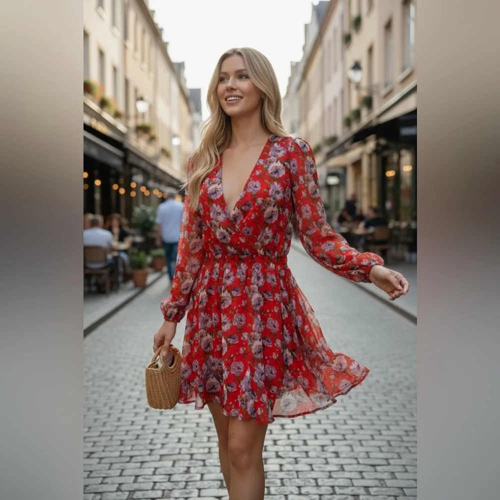 Mi Ami Francesca’s Red & Blue Floral Mini Dress Size M NWT Size M - Image 4